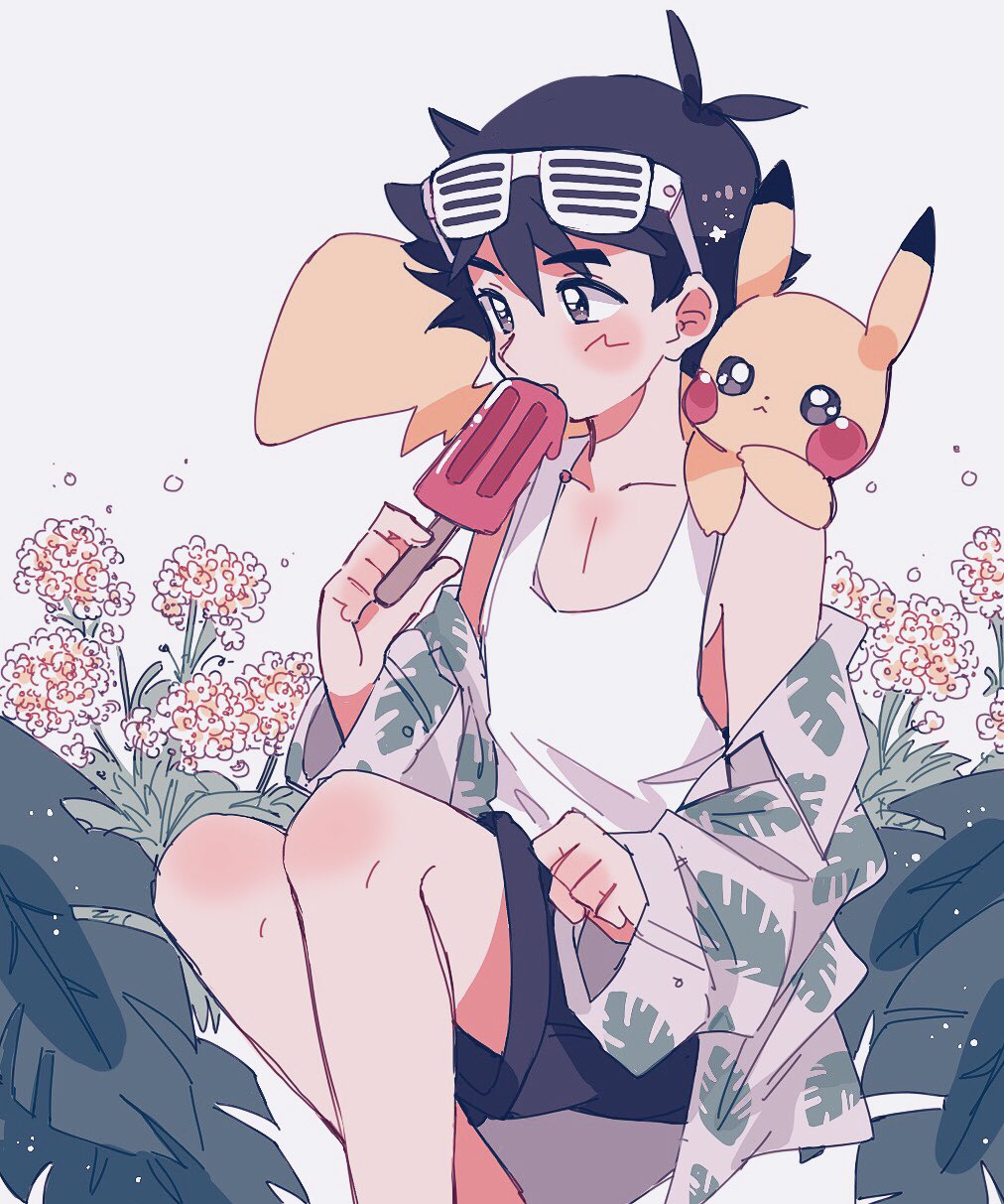 1boy ash_ketchum black_hair black_shorts blush collarbone commentary eating english_commentary food gen_1_pokemon grey_eyes highres holding holding_stick kakisatober off_shoulder on_shoulder pikachu pokemon pokemon_(anime) pokemon_(creature) pokemon_on_shoulder popsicle shorts sitting stick tank_top white_tank_top