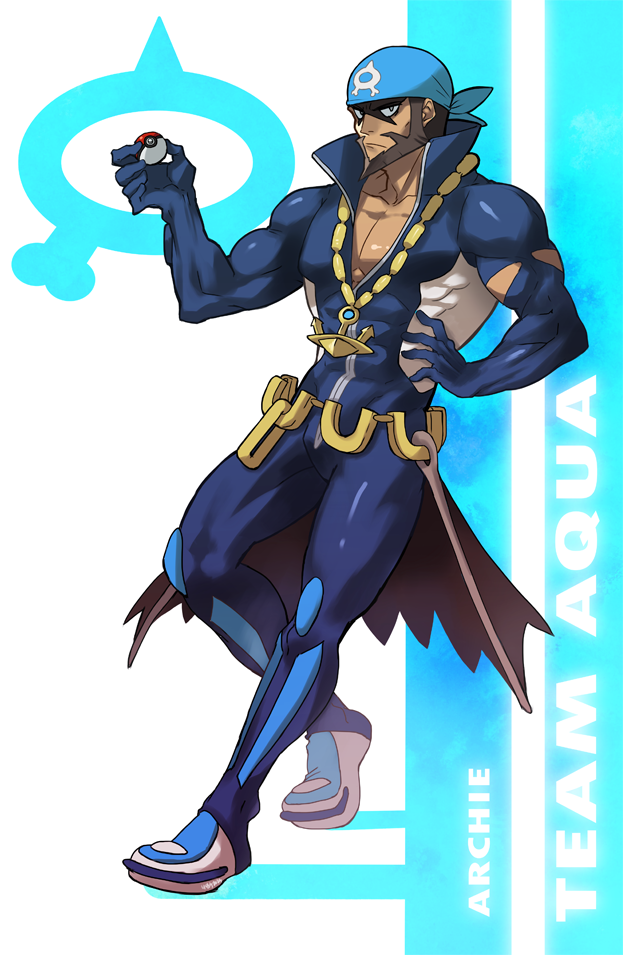 1boy archie_(pokemon) bandana bara beard black_hair blue_bodysuit blue_gloves bodysuit bulge character_name chest dark_skin dark_skinned_male facial_hair full_body gloves hand_on_hip leaning_back male_focus muscle na_insoo open_bodysuit poke_ball pokemon pokemon_(game) pokemon_oras popped_collar solo team_aqua thighs torn_bodysuit torn_clothes