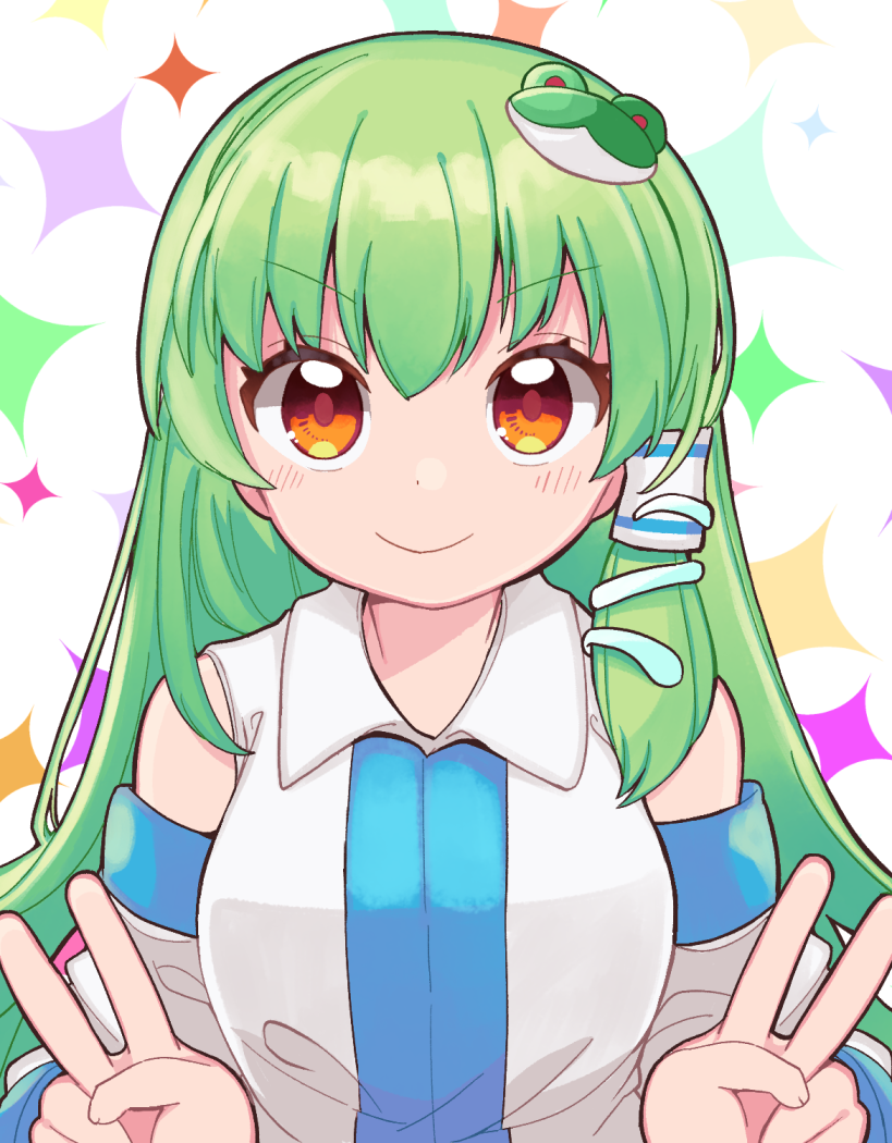 &gt;:) 1girl bangs bare_shoulders blush breasts brown_eyes closed_mouth collared_shirt commentary_request detached_sleeves double_v eyebrows_visible_through_hair frog_hair_ornament green_hair hair_between_eyes hair_ornament hands_up kochiya_sanae long_hair long_sleeves medium_breasts shirt simple_background sleeveless sleeveless_shirt smile snake_hair_ornament solo sparkle touhou v v-shaped_eyebrows very_long_hair white_background white_shirt white_sleeves yamase