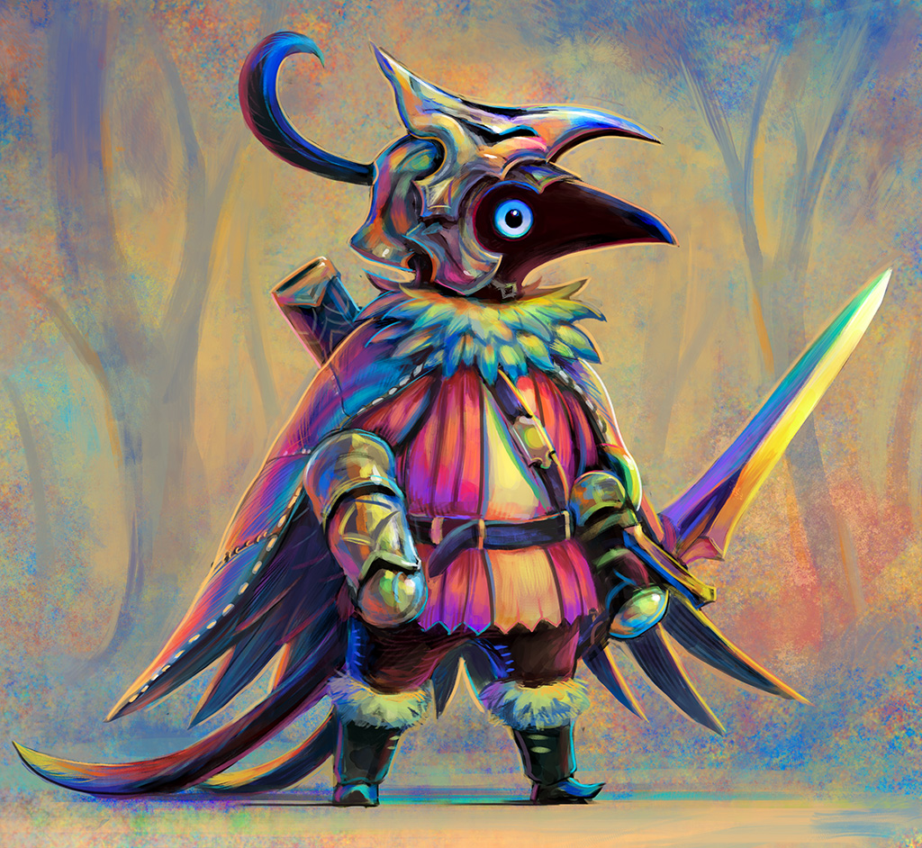 armor bird black_bird black_eyes black_footwear blue_sclera boots cape colorful forest fur-trimmed_boots fur_trim helmet holding holding_sword holding_weapon ka92 nature no_humans original outdoors scabbard scratches sheath standing stitches sword unsheathed vambraces weapon