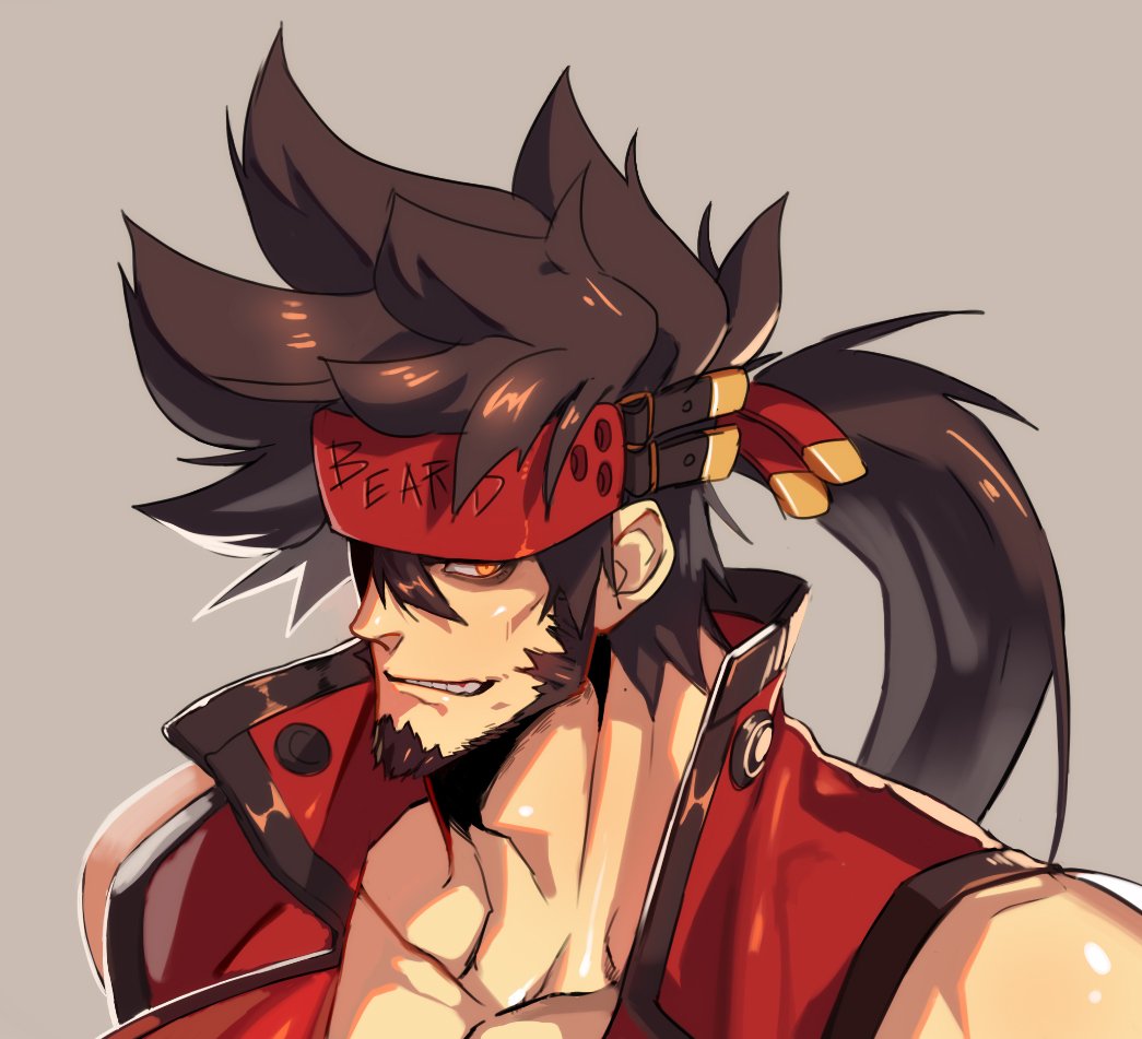 1boy alternate_facial_hair bara bare_shoulders beard brown_hair chest collarbone facial_hair guilty_gear hair_between_eyes headgear long_hair male_focus manly muscle na_insoo open_clothes ponytail shiny shiny_skin simple_background sleeveless smirk sol_badguy solo spiky_hair tight upper_body yellow_eyes