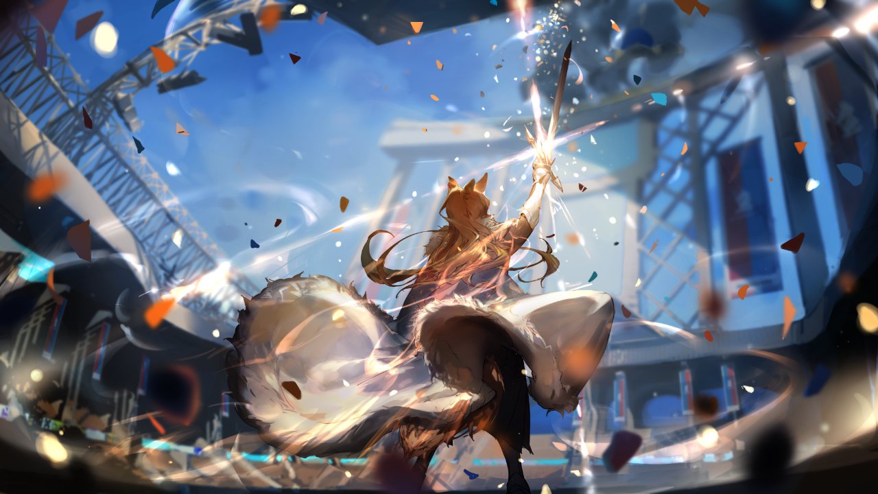 1girl animal_ears arknights arm_up blemishine_(arknights) brown_hair commentary holding holding_sword holding_weapon long_hair official_art ryuuzaki_ichi solo sword weapon