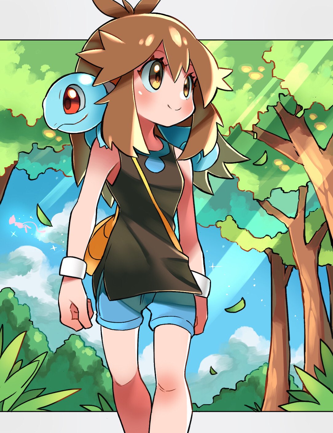 1girl blue_shorts blush brown_eyes brown_hair closed_mouth clouds commentary_request day eyelashes gen_1_pokemon green_(pokemon) hair_flaps highres hyou_(hyouga617) knees leaves_in_wind light_beam long_hair looking_to_the_side mew mythical_pokemon outdoors pokemon pokemon_(creature) pokemon_(game) pokemon_lgpe pokemon_on_back shirt shorts sidelocks sky sleeveless sleeveless_shirt smile squirtle starter_pokemon tree wristband