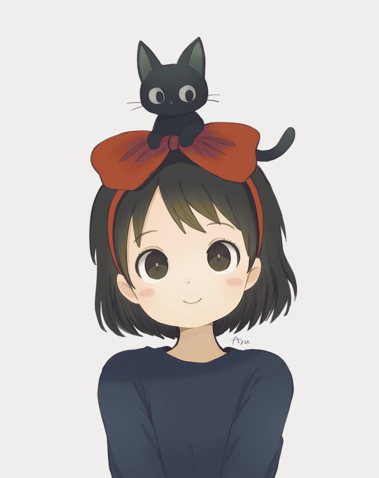 1girl animal_on_head ayu_(mog) black_cat black_eyes black_hair blush_stickers bow bow_hairband cat cat_on_head closed_mouth grey_sweater hair_bow hairband highres jiji_(majo_no_takkyuubin) kiki looking_at_viewer majo_no_takkyuubin on_head red_bow red_hairband short_hair signature simple_background smile solo sweater white_background