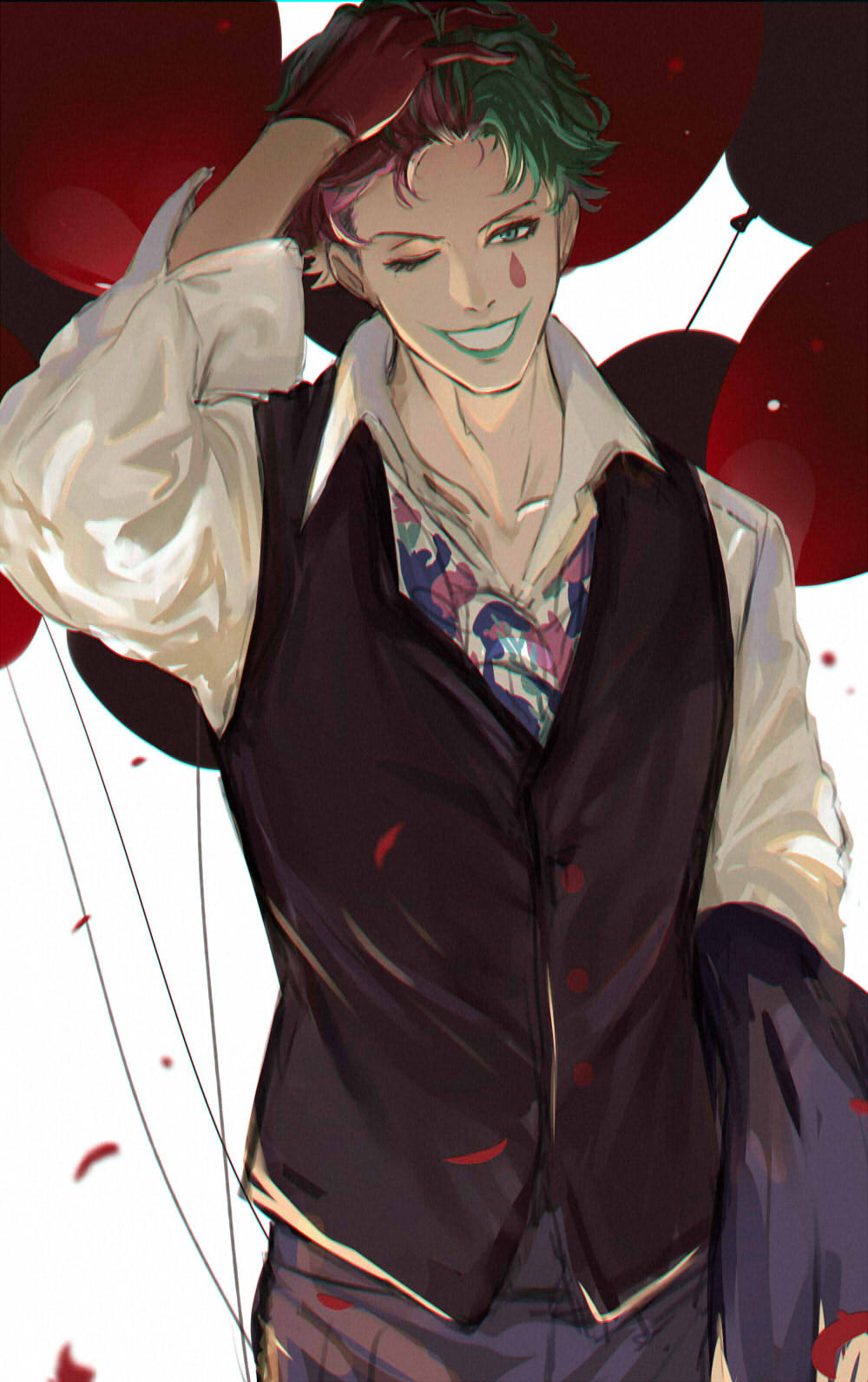 1boy arm_up balloon black_jacket black_pants black_vest collarbone collared_shirt facial_mark gloves green_eyes green_hair grin half_gloves hand_on_own_head highres isshiki_(ffmania7) jacket jacket_removed joe_rikiichi long_sleeves looking_at_viewer male_focus multicolored_hair nijisanji one_eye_closed pants petals purple_hair red_gloves shirt simple_background smile solo two-tone_hair vest virtual_youtuber white_background white_shirt