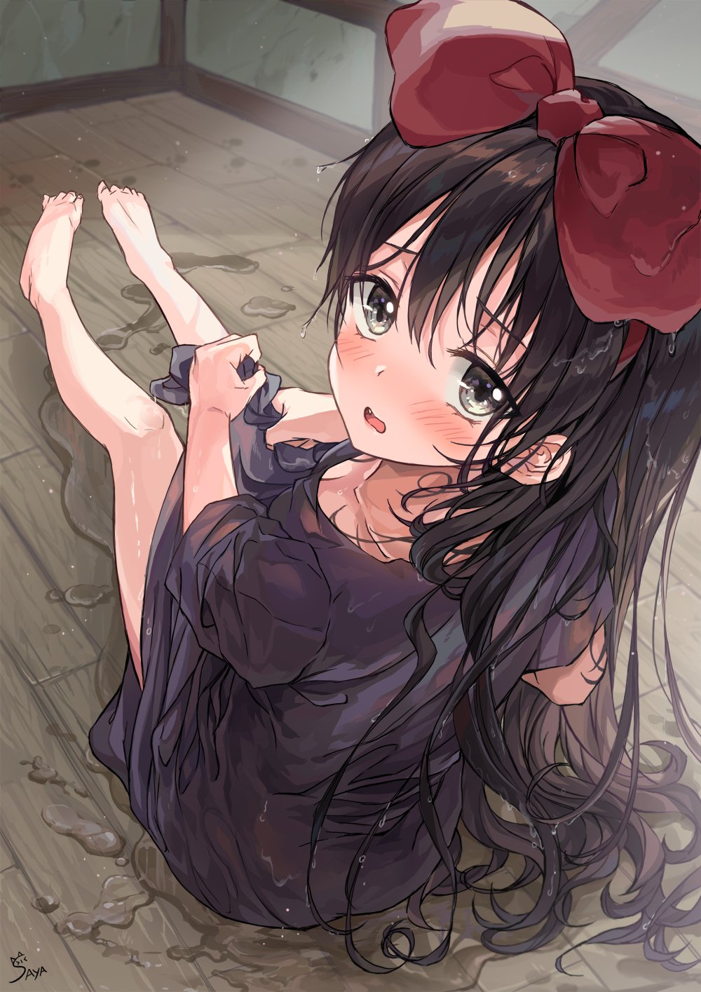 1girl barefoot black_dress black_hair blush bow dress floor grey_eyes hair_bow highres indoors kiki legs_together long_hair looking_at_viewer looking_back majo_no_takkyuubin open_mouth red_bow saya_(mychristian2) short_sleeves sitting solo wet wet_clothes wringing_clothes