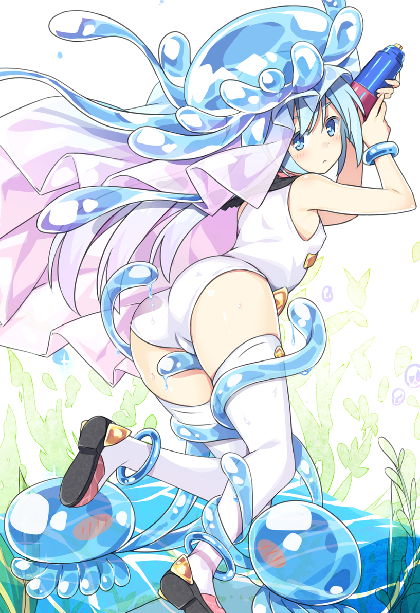 1girl :&lt; arms_up ass bare_shoulders blush blush_stickers boots breasts character_request closed_mouth commentary_request from_behind hatsunatsu holding looking_at_viewer looking_back one-piece_swimsuit shoe_soles slime small_breasts solo swimsuit thigh-highs thigh_boots white_footwear white_legwear white_swimsuit wild_girls
