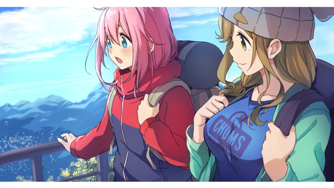 2girls backpack bag bangs blue_eyes blue_shirt blue_sky brown_hair closed_mouth clothes_writing clouds cloudy_sky commentary day english_text eyebrows_visible_through_hair fang green_eyes green_jacket hair_tie inuyama_aoi jacket kagamihara_nadeshiko long_hair looking_at_another mirai_denki mountain multiple_girls open_clothes open_jacket open_mouth outdoors pink_hair print_shirt railing red_jacket shirt skin_fang sky smile standing yurucamp