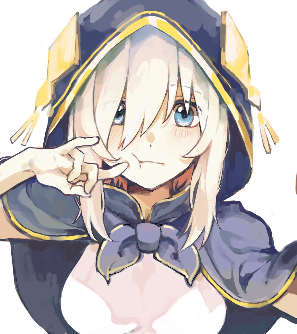 1girl :t ars_almal blue_eyes blush cape cheek_poking cloak commentary_request eyebrows_visible_through_hair hair_between_eyes hood hood_up hooded_cape hooded_cloak keiasik looking_at_viewer nijisanji poking short_hair simple_background solo upper_body virtual_youtuber white_background white_hair