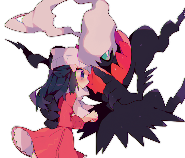 1girl beanie black_hair blush clenched_hand coat commentary_request darkrai hikari_(pokemon) frills gen_4_pokemon hair_ornament hairclip hat long_hair long_sleeves mythical_pokemon pokemon pokemon_(creature) pokemon_(game) pokemon_dppt pokemon_platinum scarf takashino_(noni-nani) white_background white_headwear white_scarf