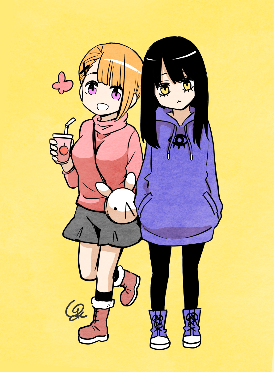 2girls :&lt; black_hair bug butterfly chibi drinking_straw full_body hands_in_pockets highres hood hoodie insect izumi_(toubun_kata) long_hair looking_at_viewer mieruko-chan multiple_girls official_art orange_hair short_hair simple_background smile standing violet_eyes yellow_background yellow_eyes yotsuya_miko yurikawa_hana