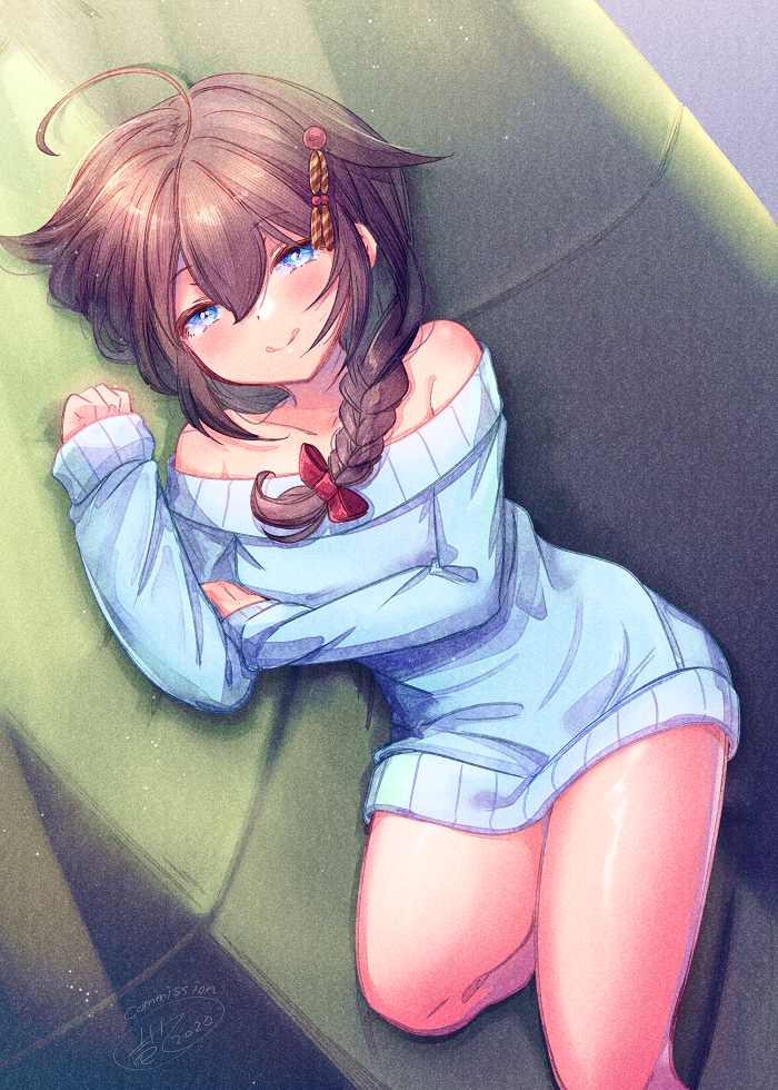 1girl ahoge bangs bare_shoulders blue_eyes blue_sweater braid brown_hair closed_eyes collarbone commentary_request commission couch eyebrows_visible_through_hair hair_between_eyes hair_flaps hair_ornament hair_ribbon ittokyu kantai_collection looking_at_viewer lying off-shoulder_sweater off_shoulder on_side open_mouth remodel_(kantai_collection) ribbon shigure_(kantai_collection) sidelocks signature single_braid solo sweater