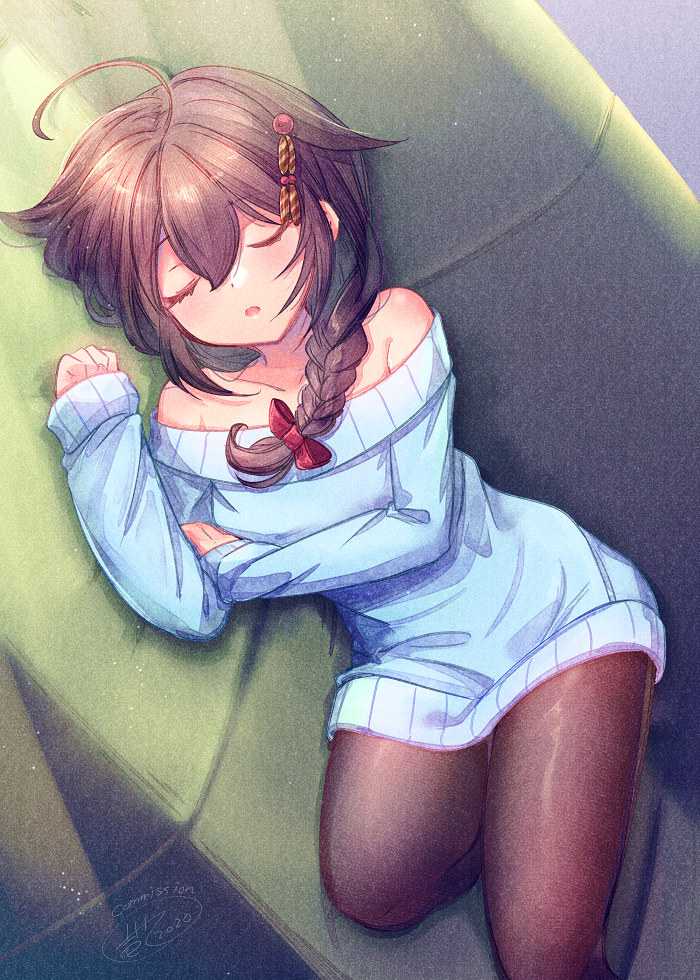 1girl ahoge bangs bare_shoulders blue_sweater braid brown_hair closed_eyes collarbone commentary_request commission couch eyebrows_visible_through_hair hair_between_eyes hair_flaps hair_ornament hair_ribbon ittokyu kantai_collection looking_at_viewer lying off-shoulder_sweater off_shoulder on_side pantyhose remodel_(kantai_collection) ribbon shigure_(kantai_collection) sidelocks signature single_braid solo sweater