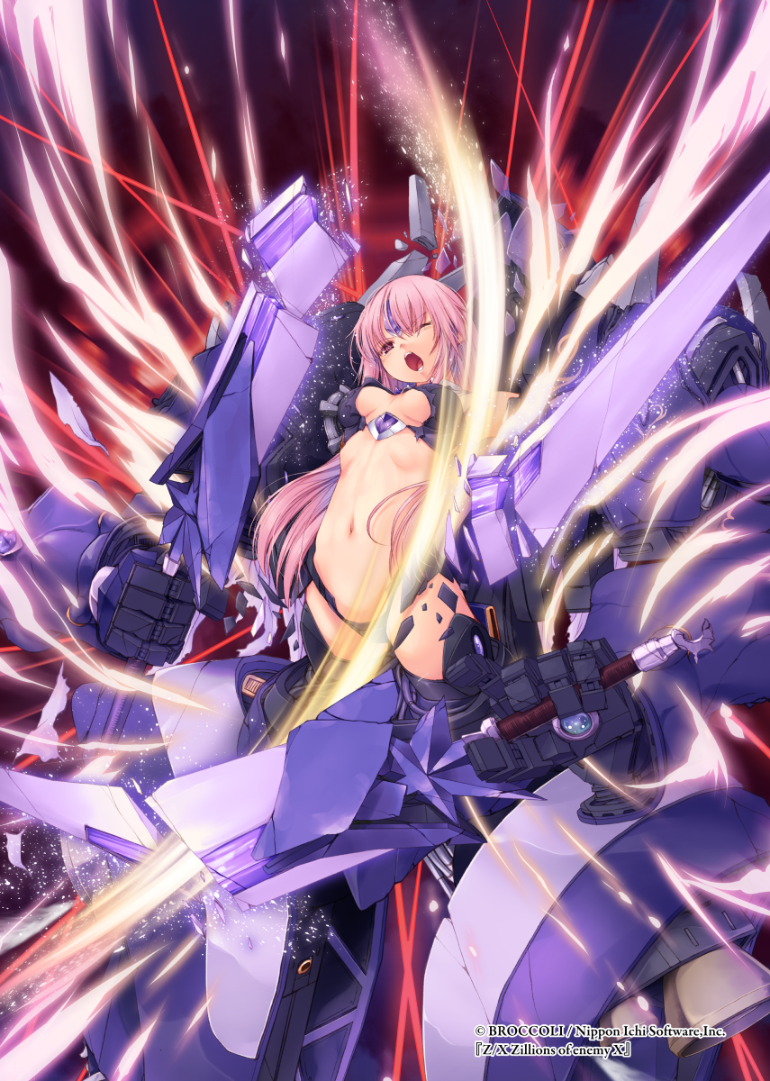 1girl abstract_background bangs breasts broken broken_sword broken_weapon cape clothing_cutout commentary_request copyright copyright_name cowboy_shot crotch_plate dual_wielding eyebrows_visible_through_hair floating headgear highres holding holding_sword holding_weapon huge_weapon kirishima_satoshi leotard light_particles long_hair looking_at_viewer mecha_musume medium_breasts navel navel_cutout official_art one_eye_closed open_mouth outstretched_arms pink_eyes pink_hair purple_background purple_legwear purple_leotard sidelocks skindentation slashing solo stomach sword teeth thigh-highs torn_cape torn_clothes torn_leotard under_boob watermark weapon white_cape z/x
