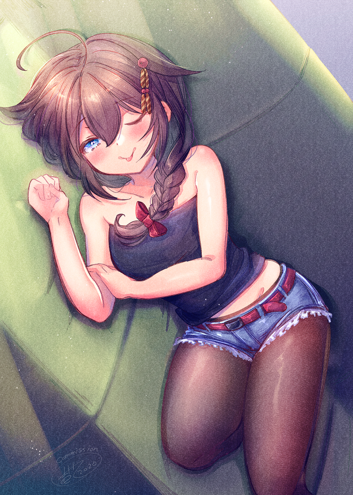 1girl ahoge bangs bare_shoulders belt black_shirt blue_eyes braid brown_hair closed_eyes collarbone commentary_request commission couch crop_top eyebrows_visible_through_hair hair_between_eyes hair_flaps hair_ornament hair_ribbon ittokyu kantai_collection looking_at_viewer lying on_side one_eye_closed pantyhose remodel_(kantai_collection) ribbon shigure_(kantai_collection) shirt short_shorts shorts sidelocks signature single_braid solo tongue tongue_out