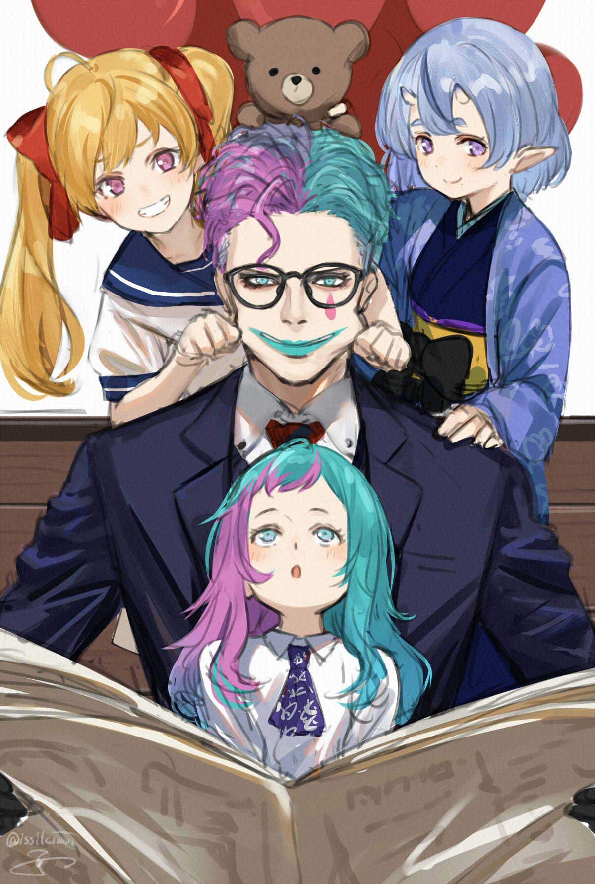 1boy 3girls aqua_eyes aqua_hair bangs bench black-framed_eyewear black_bow black_gloves blonde_hair blue_hair blue_jacket blue_kimono blue_sailor_collar bow character_request cheek_pull collared_shirt eyebrows_visible_through_hair formal glasses gloves hair_bow highres holding horns isshiki_(ffmania7) jacket japanese_clothes joe_rikiichi kimono long_hair long_sleeves multicolored_hair multiple_girls newspaper nijisanji obi oni oni_horns open_clothes park_bench pink_hair puffy_short_sleeves puffy_sleeves purple_neckwear red_bow red_neckwear rindou_mikoto sailor_collar sash school_uniform serafuku shirt short_eyebrows short_sleeves signature simple_background sleeves_past_wrists stuffed_animal stuffed_toy suit takamiya_rion teddy_bear thick_eyebrows twintails twitter_username two-tone_hair violet_eyes virtual_youtuber white_background white_shirt younger