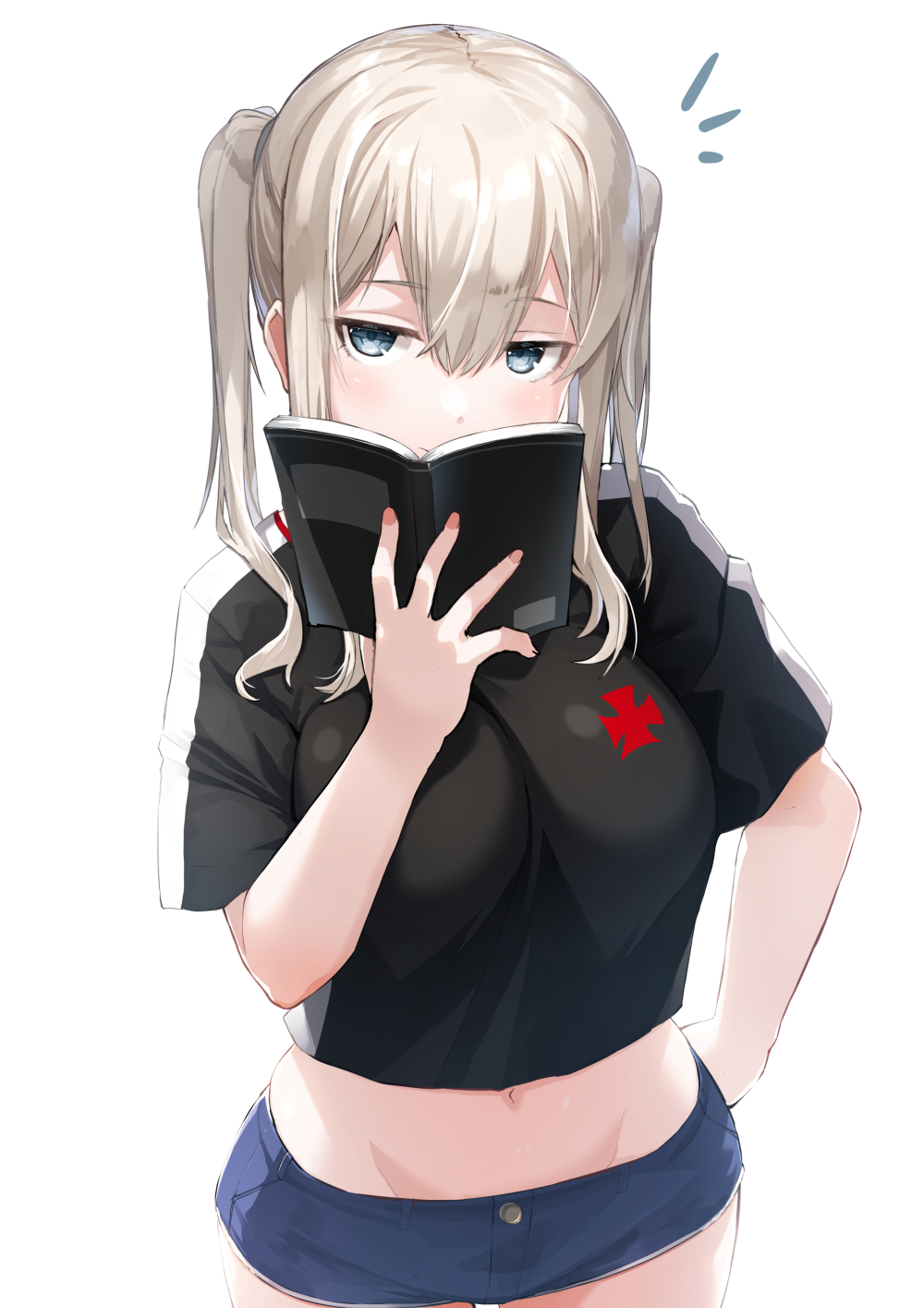 1girl alternate_costume black_shirt blue_eyes blue_shorts book breasts casual covering_mouth cowboy_shot crop_top graf_zeppelin_(kantai_collection) groin hand_on_hip highres holding holding_book kantai_collection large_breasts long_hair looking_at_viewer meth_(emethmeth) micro_shorts midriff navel notice_lines open_book shirt short_sleeves shorts silver_hair simple_background solo stomach twintails white_background