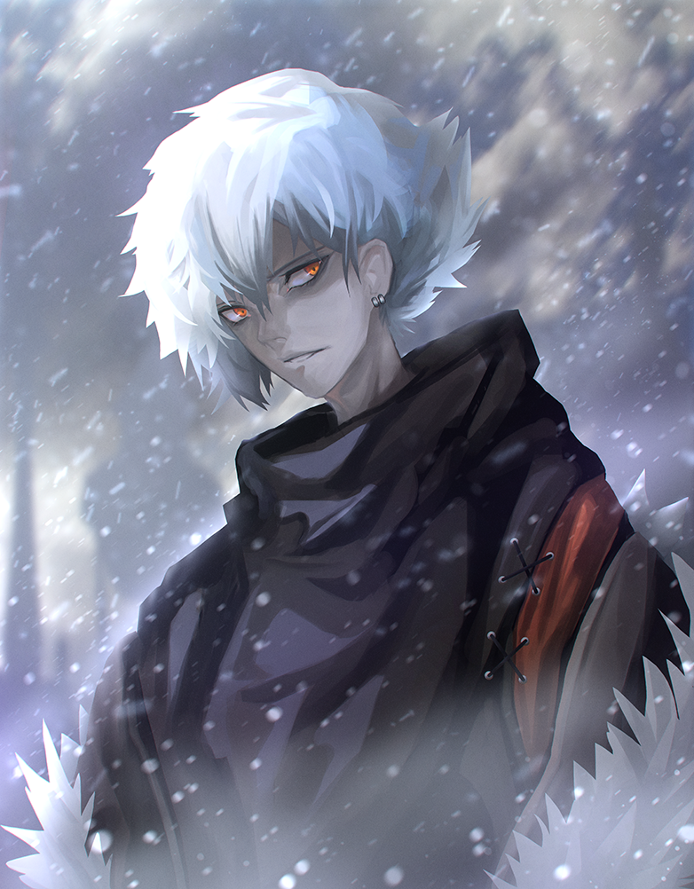 1boy black_jacket character_request cold earrings fate/grand_order fate_(series) fur_trim hair_between_eyes jacket jewelry kadoc_zemlupus male_focus orange_eyes otsumami_(bu-bu-heaven) outdoors parted_lips silhouette snow snowing solo stitches upper_body white_hair winter_clothes