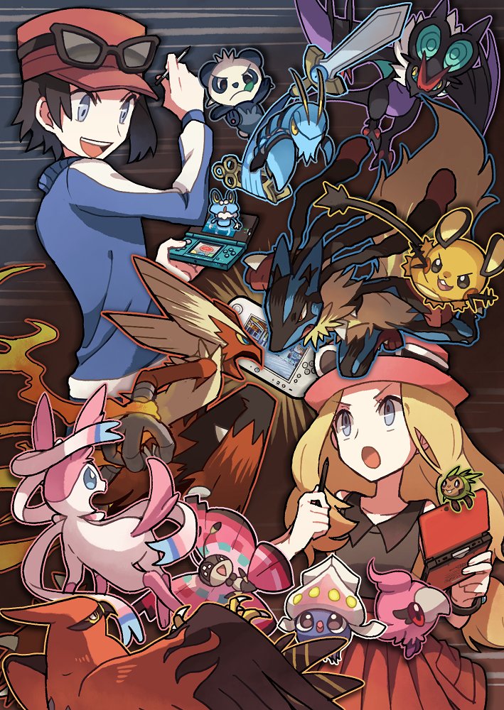 1boy 1girl :o black_hair blaziken blonde_hair blue_jacket calem_(pokemon) clauncher commentary_request dedenne eyewear_on_headwear froakie gen_3_pokemon gen_4_pokemon gen_6_pokemon grey_eyes handheld_game_console hat holding holding_handheld_game_console holding_stylus honedge inkay jacket long_hair long_sleeves lucario mega_blaziken mega_lucario mega_pokemon nintendo_ds noii noivern open_mouth pancham pleated_skirt pokemon pokemon_(creature) pokemon_(game) pokemon_xy red_headwear red_skirt serena_(pokemon) skirt smile spritzee stylus sunglasses sylveon talonflame teeth tongue vivillon