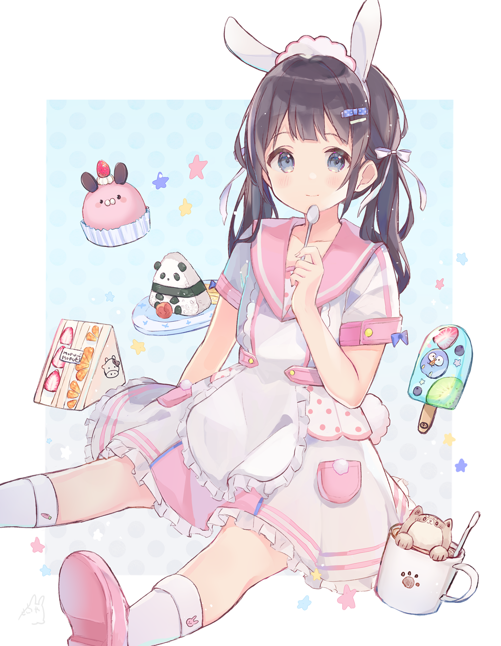 1girl animal_ears apron bangs black_hair blue_background blush bow bunny_girl bunny_tail closed_mouth commentary_request cupcake eyebrows_visible_through_hair food frilled_apron frilled_skirt frills grey_eyes hair_bow highres holding holding_spoon ice_cream long_hair looking_at_viewer onigiri original pink_footwear pink_sailor_collar polka_dot polka_dot_background rabbit_ears sailor_collar sandwich sencha_(senta_10) shirt shoe_soles shoes short_sleeves sitting skirt smile socks solo spoon star_(symbol) tail twintails two-tone_background white_apron white_background white_bow white_legwear white_shirt white_skirt