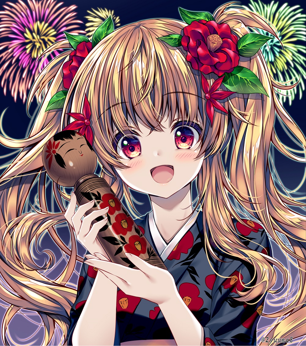 1girl :d aerial_fireworks bangs black_kimono blonde_hair blurry blurry_background blush commentary_request depth_of_field eyebrows_visible_through_hair fireworks floral_print flower green_outline hair_between_eyes hair_flower hair_ornament hands_up holding japanese_clothes kimono kokeshi long_hair mizuki_yuuma open_mouth original outline print_kimono red_flower smile solo twintails twitter_username upper_body very_long_hair
