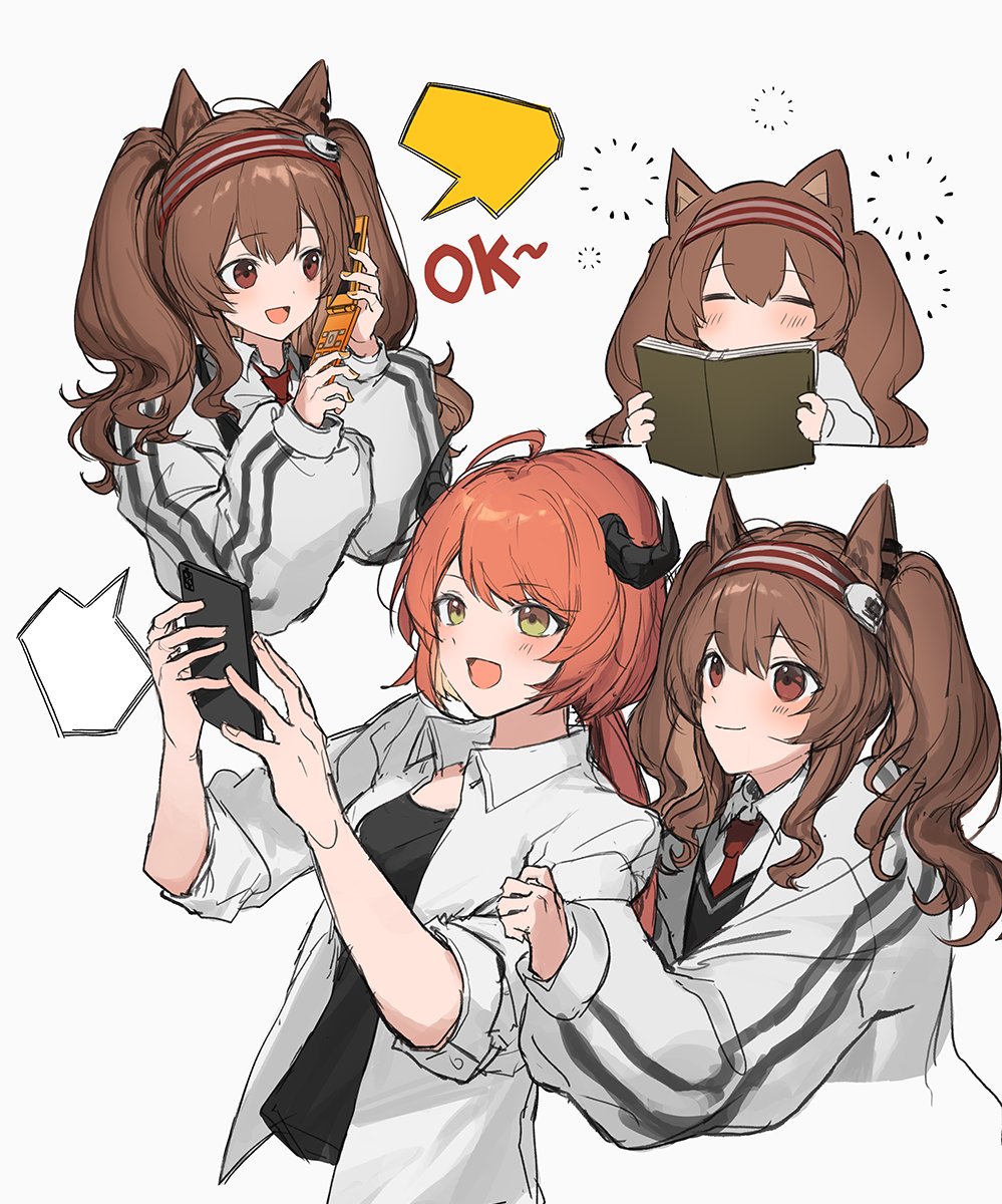 2girls :d =_= ahoge angelina_(arknights) animal_ears arknights bangs black_shirt blush book brown_eyes brown_hair cellphone closed_eyes croissant_(arknights) eojjeodagaileohgedwaessji eyebrows_visible_through_hair fox_ears grey_background grey_jacket hairband highres holding holding_book holding_phone horns jacket long_hair long_sleeves multiple_girls multiple_views open_clothes open_mouth open_shirt phone red_hairband shirt simple_background smile twintails wing_collar yellow_eyes