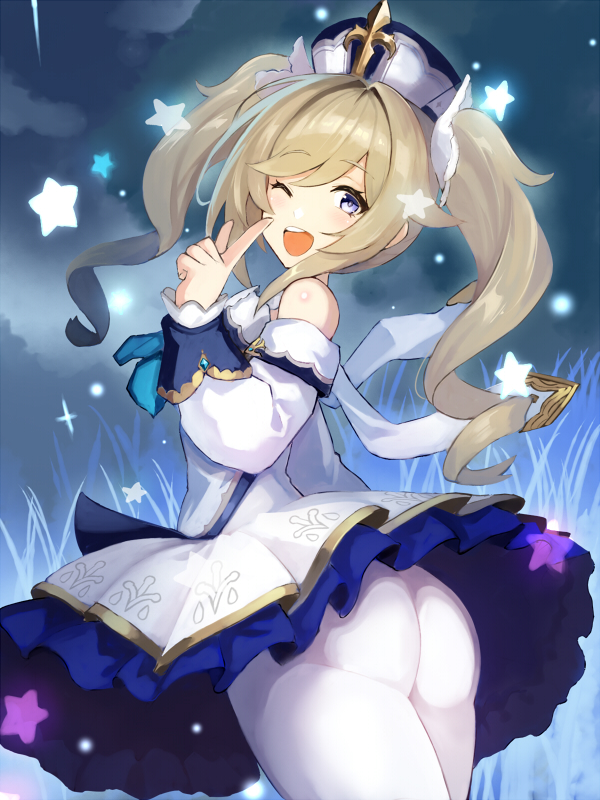 1girl ;d ass barbara_(genshin_impact) bare_shoulders blonde_hair cowboy_shot dress edobox frilled_dress frills from_side genshin_impact grass hat long_sleeves looking_at_viewer night one_eye_closed open_mouth pantyhose sky smile solo star_(symbol) twintails upskirt wind wind_lift