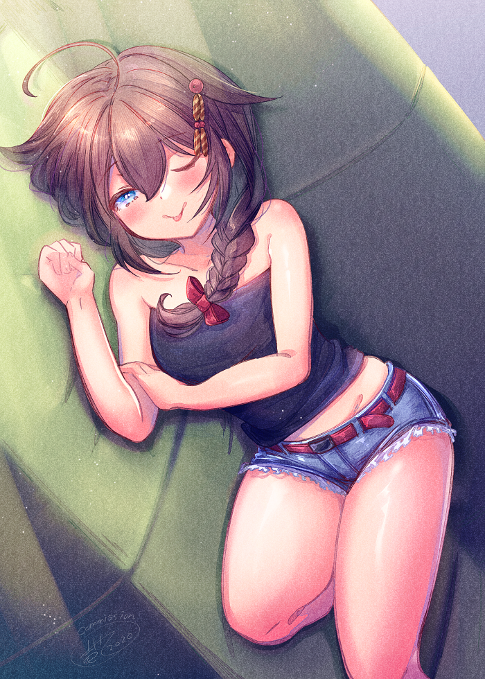 1girl ahoge bangs bare_shoulders belt black_shirt blue_eyes braid brown_hair closed_eyes collarbone commentary_request commission couch crop_top eyebrows_visible_through_hair hair_between_eyes hair_flaps hair_ornament hair_ribbon ittokyu kantai_collection looking_at_viewer lying on_side one_eye_closed remodel_(kantai_collection) ribbon shigure_(kantai_collection) shirt short_shorts shorts sidelocks signature single_braid solo tongue tongue_out