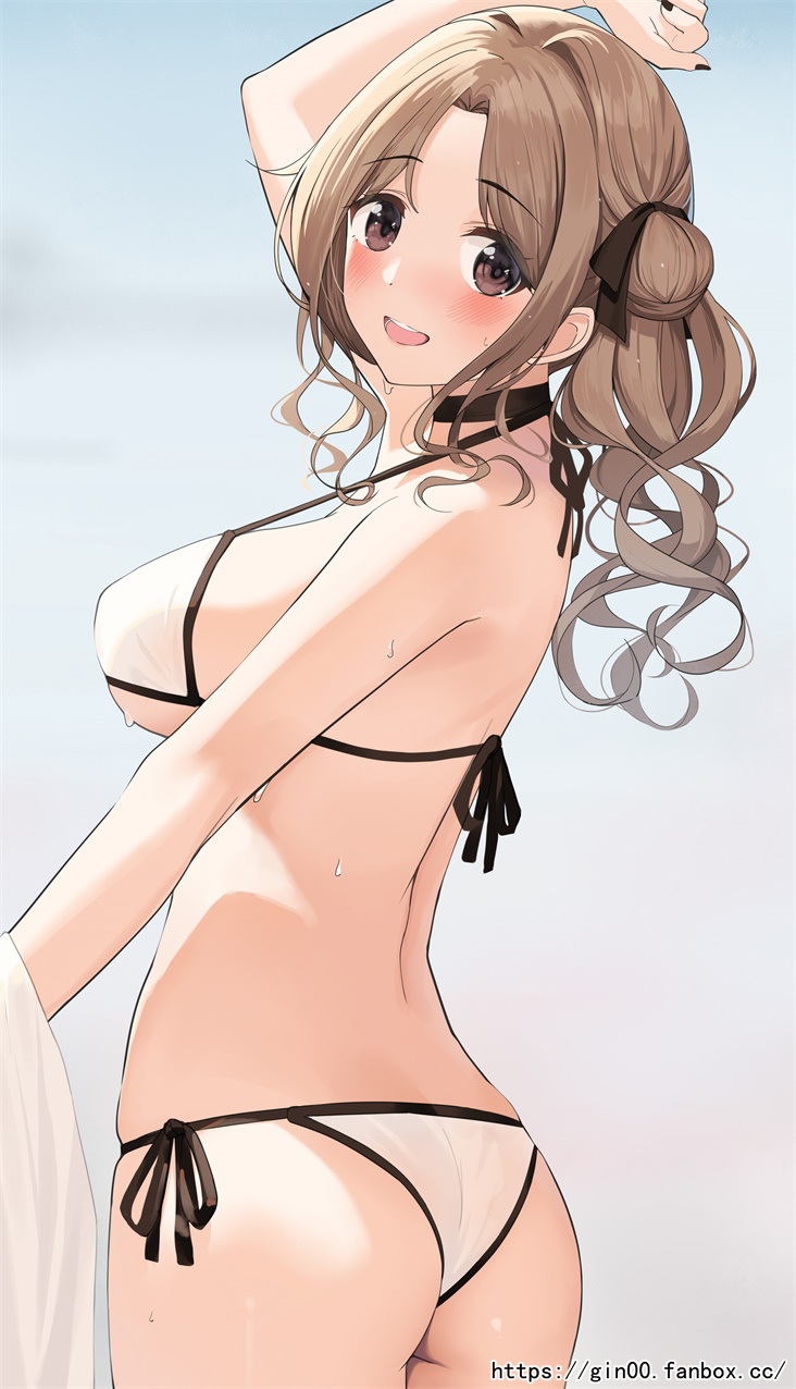 1girl :d arm_up ass back bangs bare_back bare_shoulders bikini black_choker black_nails black_ribbon blush breasts brown_eyes choker commentary_request cowboy_shot eyebrows_visible_through_hair from_behind gin00 gradient gradient_background grey_background hair_bun hair_ribbon highres ichikawa_hinana idolmaster idolmaster_shiny_colors long_hair looking_at_viewer looking_back medium_breasts nail_polish open_mouth parted_bangs ribbon side-tie_bikini side_bun side_ponytail smile solo strap_gap swimsuit under_boob wet white_bikini