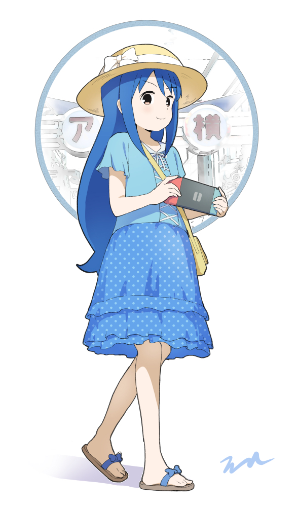1girl aayh bag bangs blue_hair blue_shirt blue_skirt bow brown_eyes brown_headwear closed_mouth commentary_request eyebrows_visible_through_hair frilled_skirt frills hat hat_bow holding kotoha_(mitsuboshi_colors) long_hair mitsuboshi_colors nintendo_switch polka_dot_skirt shadow shirt short_sleeves shoulder_bag signature skirt smile solo sun_hat v-shaped_eyebrows very_long_hair walking white_background white_bow