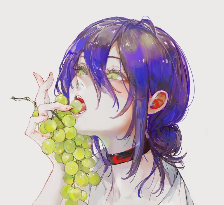 1girl black_choker blue_hair chainsaw_man choker eating food fruit grapes green_eyes grey_background hair_between_eyes hand_up holding holding_food holding_fruit kf8fw open_mouth portrait reze_(chainsaw_man) shirt simple_background solo white_shirt