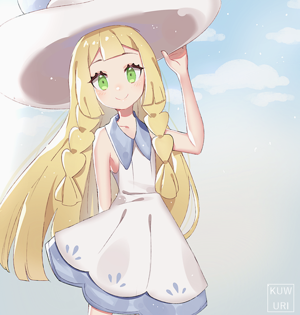 1girl adjusting_clothes adjusting_headwear artist_name bangs bare_shoulders blonde_hair blue_sky blush braid clarevoir closed_mouth clouds collarbone commentary day dress english_commentary flat_chest green_eyes hand_up happy hat head_tilt lillie_(pokemon) long_hair looking_at_viewer mixed-language_commentary outdoors pokemon pokemon_(game) pokemon_sm shiny shiny_hair sky sleeveless sleeveless_dress smile solo standing sun_hat tied_hair twin_braids watermark white_dress white_headwear