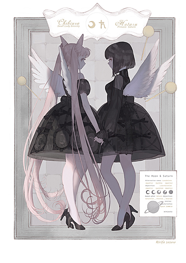 bishoujo_senshi_sailor_moon black_dress black_footwear black_hair character_name chibi_usa commentary_request crescent dress feathered_wings high_heels holding_hands long_hair long_sleeves pink_hair profile puffy_long_sleeves puffy_short_sleeves puffy_sleeves ririfa sailor_saturn saturn_(planet) see-through see-through_sleeves shoes short_hair short_sleeves sleeves_past_wrists standing twintails very_long_hair white_wings wings