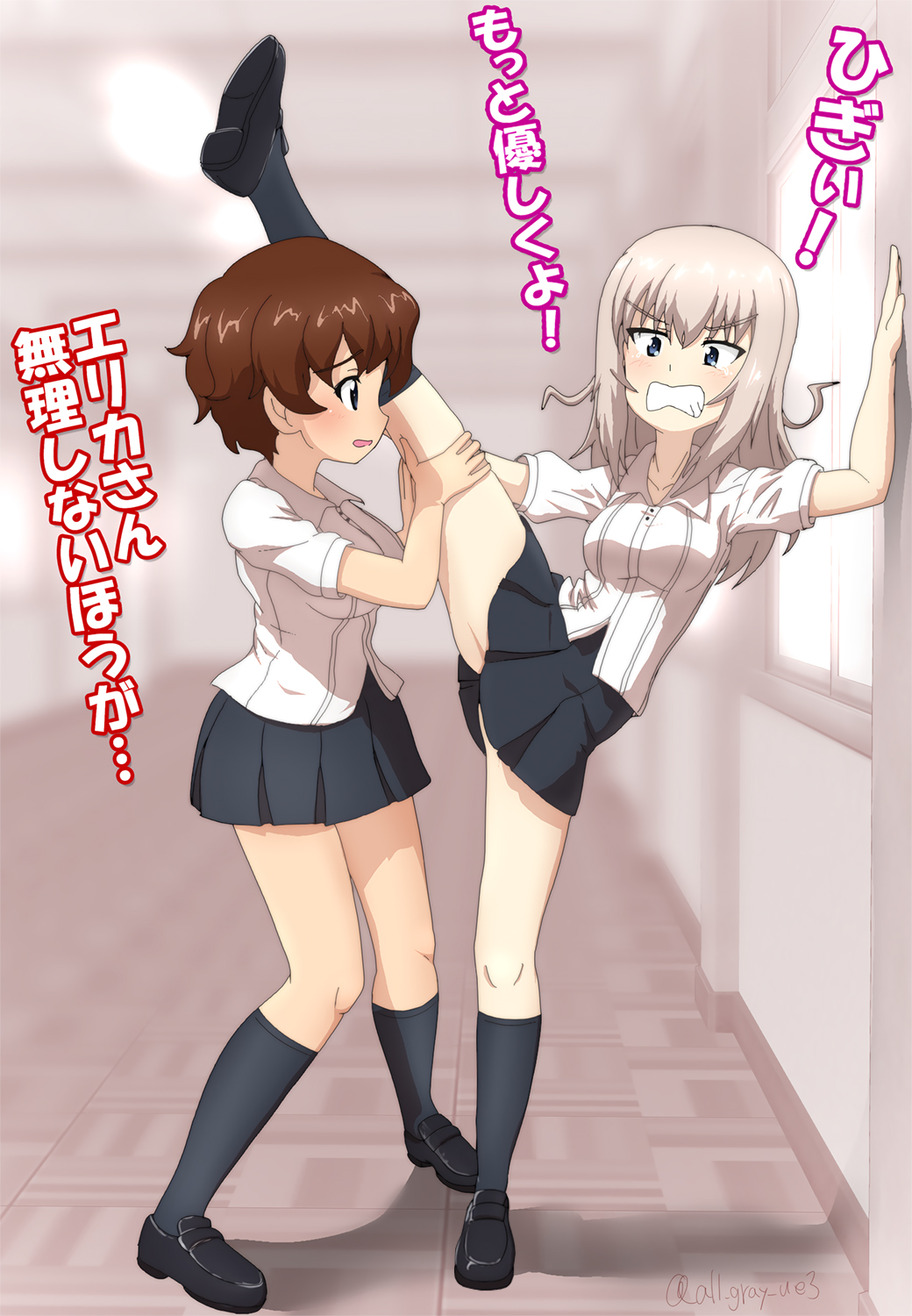 2girls akaboshi_koume bangs black_footwear black_legwear black_skirt blue_eyes blush breasts brown_hair collarbone collared_shirt eyebrows_visible_through_hair frustrated girls_und_panzer groin_tendon haiiro_purin hallway hand_on_wall highres itsumi_erika kuromorimine_school_uniform leg_hold legs loafers long_hair multiple_girls pleated_skirt school_uniform shirt shoes short_hair short_sleeves silver_hair skirt socks split standing standing_on_one_leg standing_split tears thighs translation_request wavy_hair white_shirt