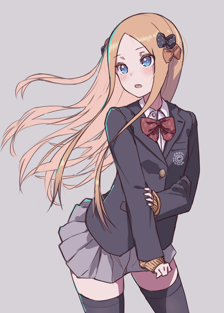 1girl abigail_williams_(fate/grand_order) bangs black_bow black_jacket black_legwear blazer blonde_hair blue_eyes blush bow breasts buttons fate/grand_order fate_(series) forehead grey_skirt hair_bow jacket kopaka_(karda_nui) long_hair long_sleeves looking_at_viewer looking_to_the_side multiple_bows open_mouth orange_bow parted_bangs pleated_skirt red_neckwear school_uniform sidelocks skirt small_breasts thighs