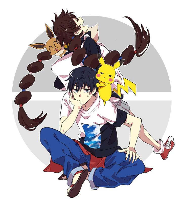 1boy 1girl akinoko_(pixiv304871) backpack bag baggy_pants bangs black_hair brown_hair closed_eyes closed_mouth commentary_request eevee gen_1_pokemon gotcha! gotcha!_boy_(pokemon) gotcha!_girl_(pokemon) grey_skirt hair_tie long_hair open_mouth pants pikachu pleated_skirt pokemon pokemon_(creature) sandals shirt shoes short_sleeves skirt sweatdrop tied_hair twintails
