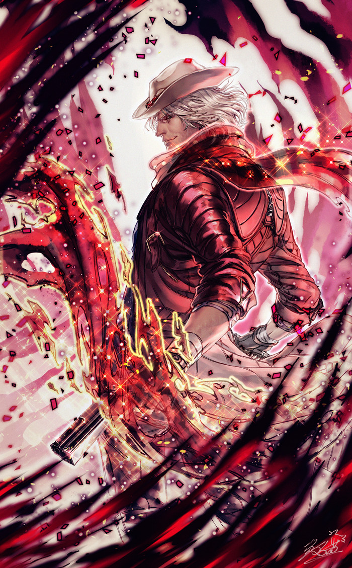 1boy aura black_gloves blue_eyes closed_mouth coat dante_(devil_may_cry) devil_may_cry devil_may_cry_5 dual_wielding ebony_&amp;_ivory feet_out_of_frame gloves gun handgun hat holding holding_gun holding_weapon jiao_mao long_coat male_focus pistol profile red_coat red_scarf scarf signature sleeves_rolled_up smile solo sparkle standing weapon white_background white_headwear wrist_wrap