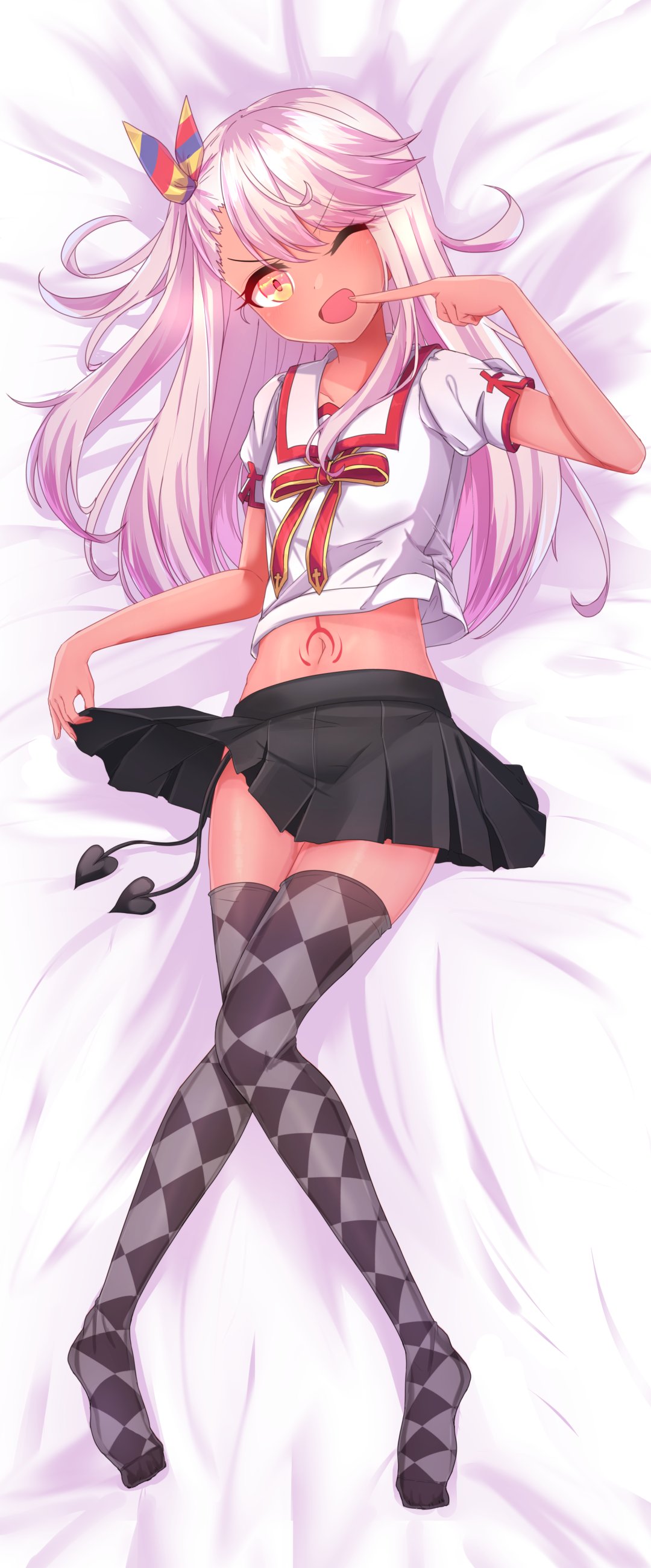 1girl absurdres argyle argyle_legwear bangs bed_sheet black_skirt blush breasts chawan_(yultutari) chloe_von_einzbern collared_shirt dark_skin eyelashes fate/kaleid_liner_prisma_illya fate_(series) full_body grey_legwear hair_between_eyes hair_ribbon highres homurahara_academy_uniform legs long_hair looking_at_viewer lying midriff navel neck_ribbon on_back one_eye_closed one_side_up open_mouth orange_eyes pink_hair puffy_short_sleeves puffy_sleeves red_neckwear red_ribbon revision ribbon shirt short_sleeves sidelocks skirt small_breasts smile stomach_tattoo swept_bangs tattoo thigh-highs white_shirt