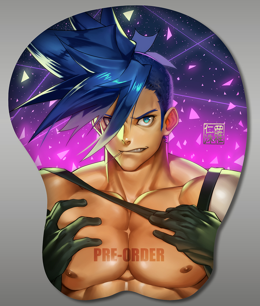 1boy abs bara bare_chest blue_eyes blue_hair breast_mousepad chest_harness face galo_thymos gloves grabbing harness male_focus mousepad_(medium) muscle na_insoo nipples pectoral_focus pectoral_grab promare sample self_shot spiky_hair upper_body