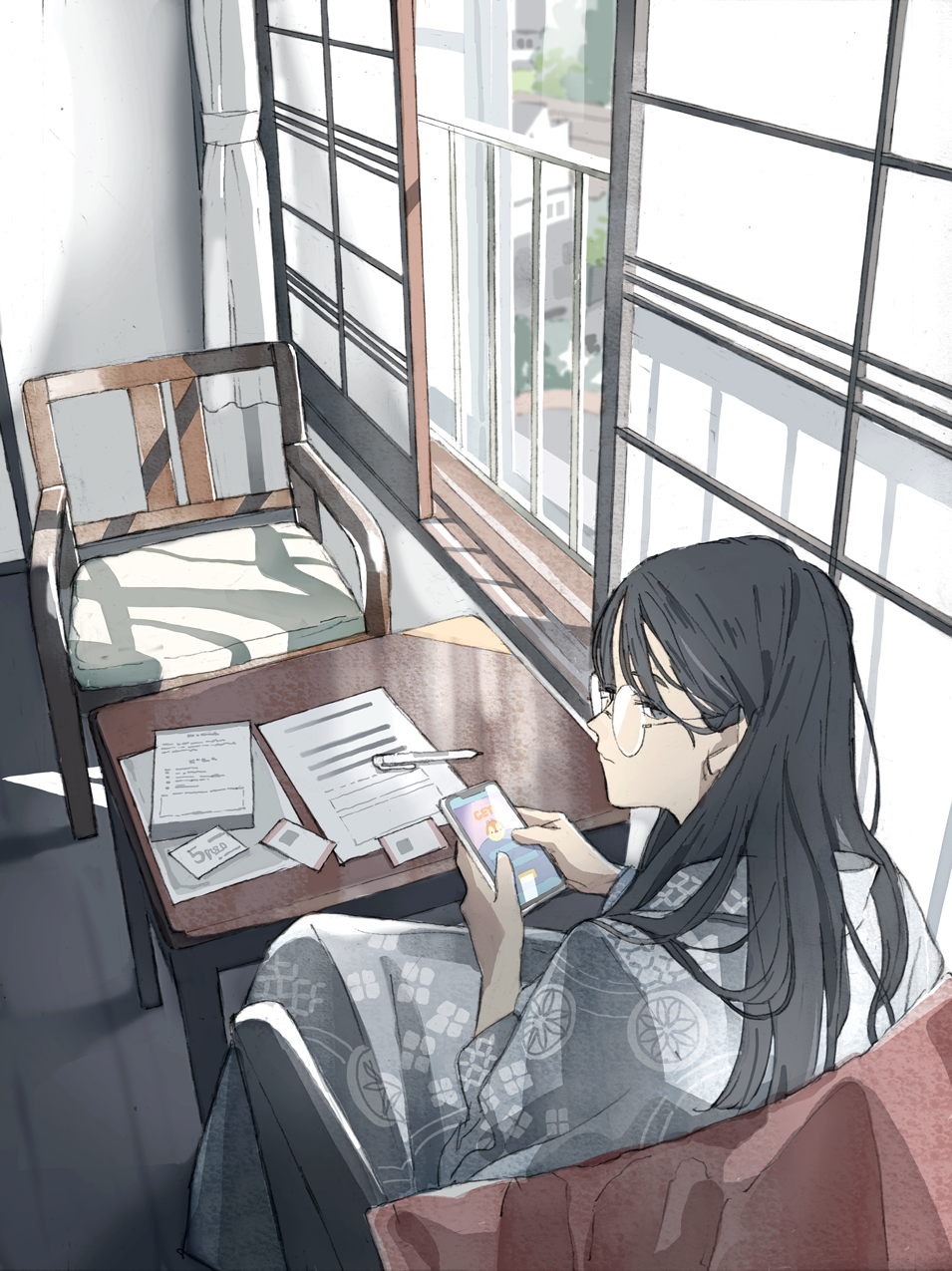 1girl black_hair blue_eyes cellphone chair commentary_request curtains day expressionless from_above from_behind glasses highres holding holding_phone indoors japanese_clothes kimono long_hair looking_at_viewer looking_back open_window original pen phone railing round_eyewear smartphone solo table very_long_hair wamizu window yukata