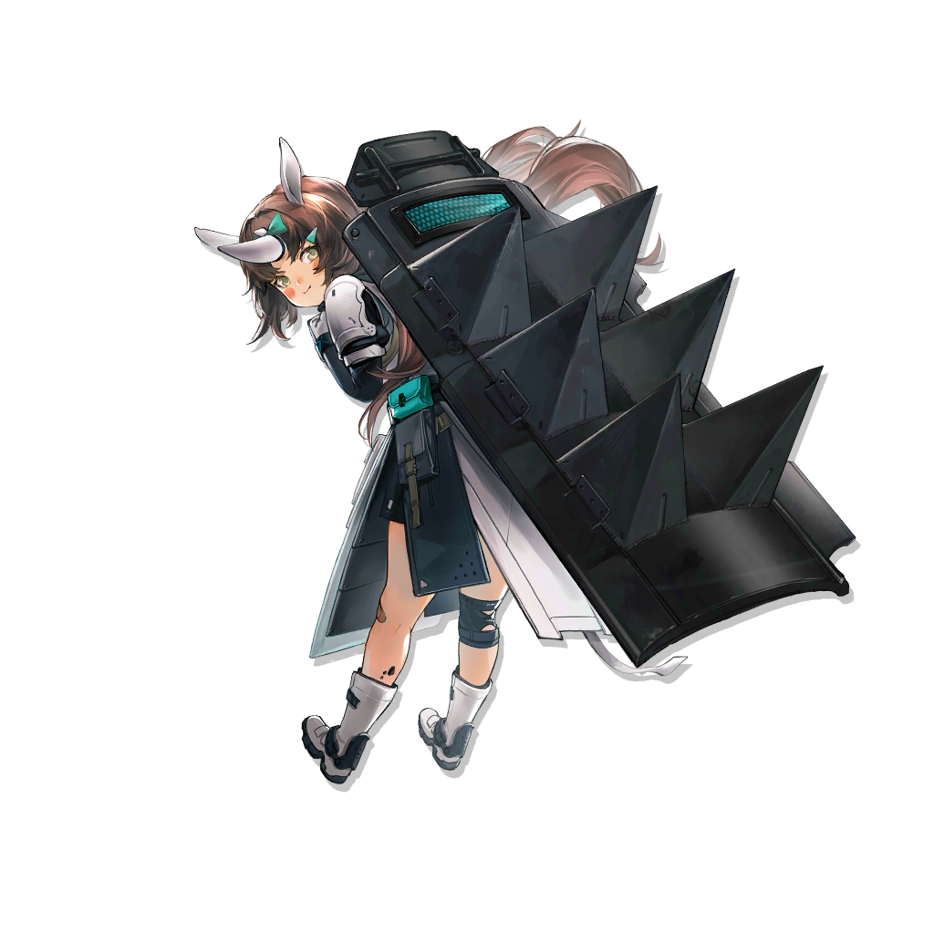 1girl animal_ears arknights armor bangs blush_stickers boots brown_hair bubble_(arknights) cenm0 grey_eyes horns leaning_forward long_hair looking_at_viewer official_art pauldrons shoulder_armor single_horn smile solo transparent_background white_footwear