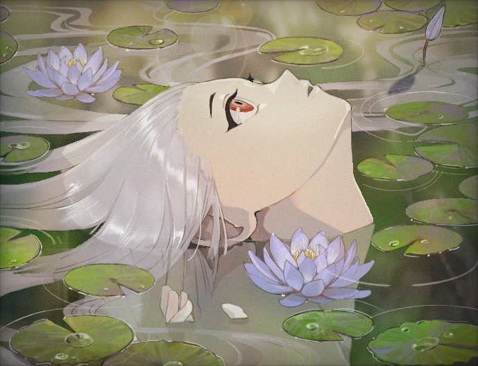 1girl floating_hair flower kf8fw lily_pad looking_up original parted_lips partially_submerged petals portrait profile purple_flower red_eyes shadow silver_hair solo