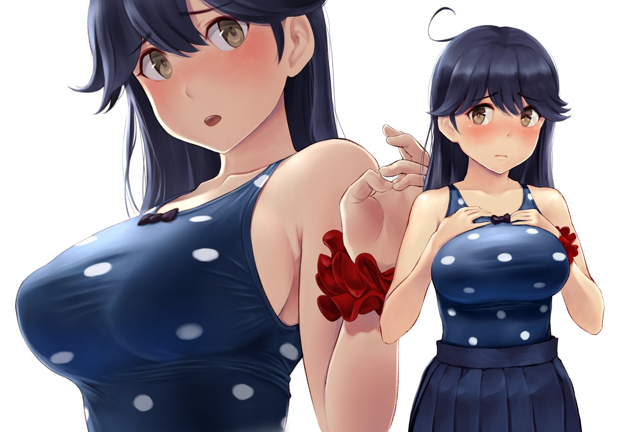 1girl ahoge black_hair blush bow brown_eyes eyebrows_visible_through_hair kantai_collection long_hair looking_at_viewer one-piece_swimsuit open_mouth scrunchie simple_background skirt solo swimsuit ushio_(kantai_collection) wa_(genryusui) white_background wrist_scrunchie