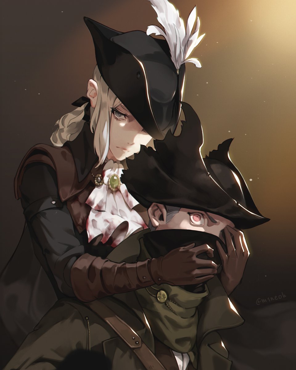 1boy 1girl black_coat black_headwear blood bloodborne bloody_clothes brooch brown_coat brown_gloves closed_mouth coat commentary_request cravat elbow_gloves gloves green_scarf grey_eyes grey_hair hands_on_another's_face hat hat_feather hat_over_one_eye highres hunter_(bloodborne) jewelry jiro_(ninetysix) lady_maria_of_the_astral_clocktower light_particles long_coat long_hair long_sleeves looking_away mask mouth_mask one_eye_covered pink_eyes ponytail scarf tricorne twitter_username white_hair