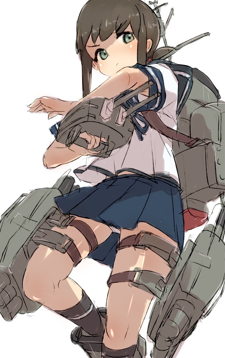 1girl adapted_turret aiming alchera black_hair blue_neckwear blue_sailor_collar blue_skirt cannon feet_out_of_frame fubuki_(kantai_collection) green_eyes kantai_collection long_hair looking_at_viewer low_ponytail machinery panties pantyhose pantyhose_under_swimsuit pleated_skirt ponytail sailor_collar school_uniform serafuku short_ponytail sidelocks simple_background skirt solo swimsuit turret underwear white_background white_panties