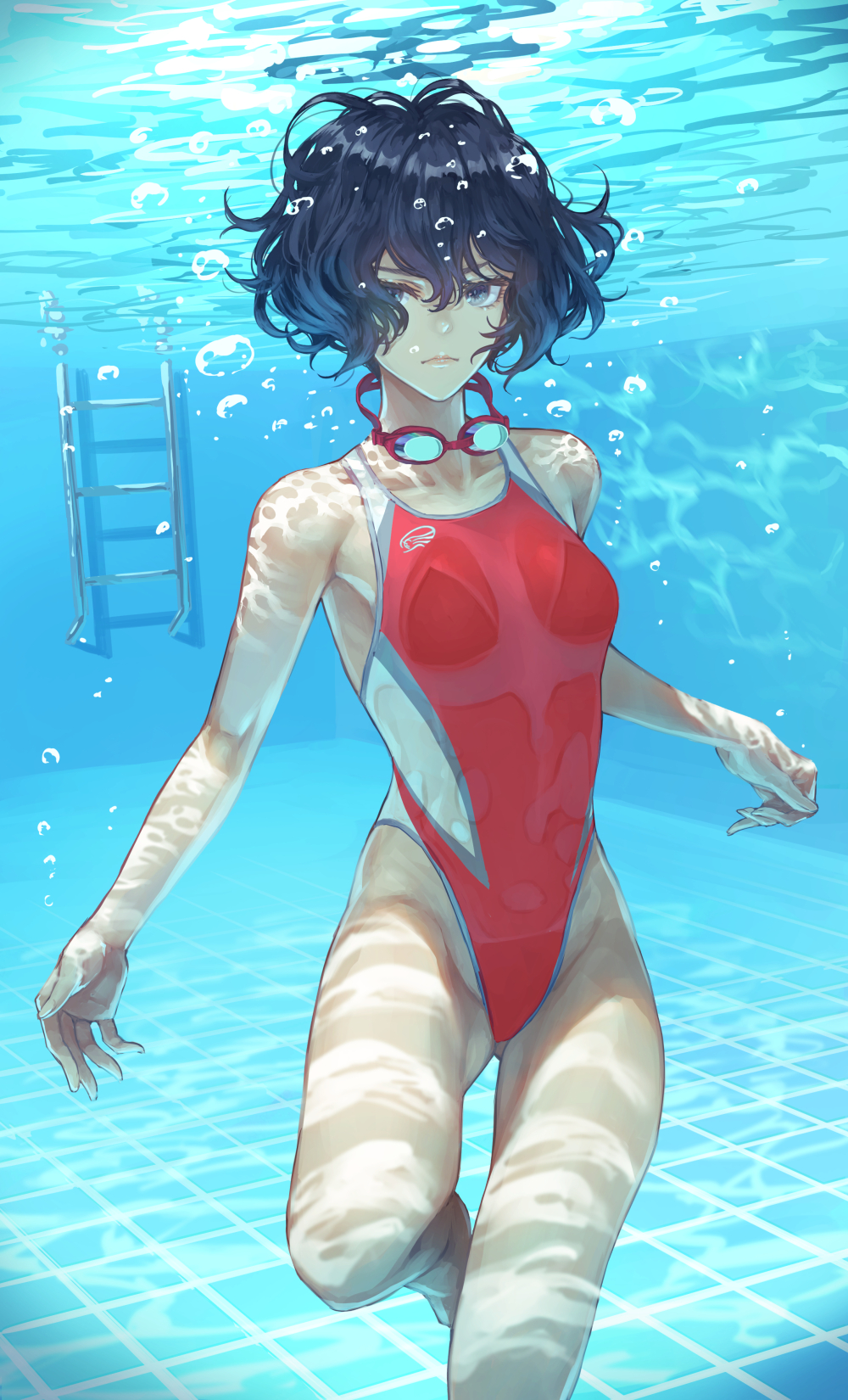 1girl air_bubble asics bangs barefoot breasts bubble caustics closed_mouth competition_swimsuit feet_out_of_frame frown goggles goggles_around_neck highleg highleg_swimsuit highres holding_breath looking_at_viewer one-piece_swimsuit original pool pool_ladder short_hair solo submerged swimsuit underwater wavy_hair wet wet_clothes wet_swimsuit white_swimsuit yasukura_(shibu11)