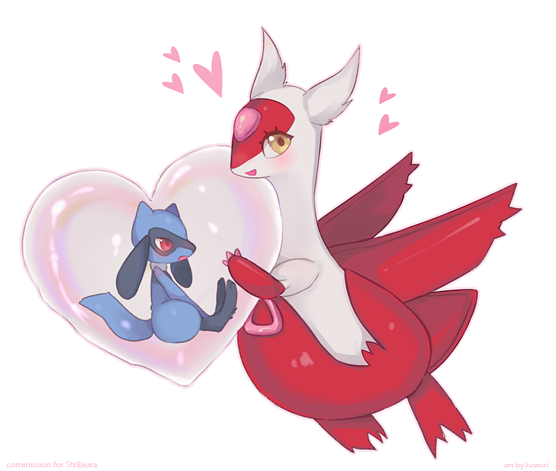 1boy 1girl artist_name blush bubble clarevoir commission english_text floating from_side full_body furry gen_3_pokemon gen_4_pokemon happy heart latias legendary_pokemon light_blush looking_at_another looking_at_viewer open_mouth outline pink_outline pokemon pokemon_(creature) red_eyes riolu sideways_mouth simple_background sitting smile watermark white_background yellow_eyes