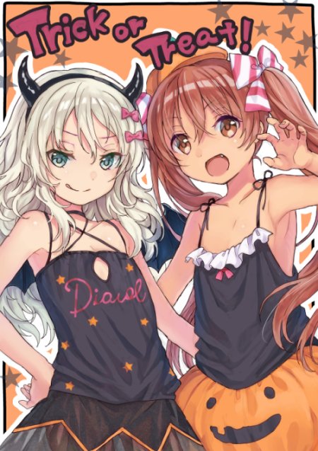 2girls black_hairband black_tank_top blonde_hair blue_eyes border brown_eyes brown_hair clothes_writing commentary_request cowboy_shot demon_horns fang flat_chest grecale_(kantai_collection) hair_ornament hairband hairclip halloween_costume hat horns jack-o'-lantern kantai_collection libeccio_(kantai_collection) long_hair mini_hat mitsuyo_(mituyo324) multiple_girls orange_background orange_skirt skirt star_(symbol) tan tank_top trick_or_treat twintails wavy_hair white_border