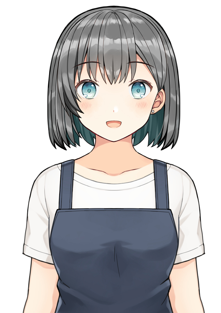 1girl :d apron bangs blue_apron blue_eyes blush breasts collarbone commentary_request earrings eyebrows_visible_through_hair grey_hair jewelry kurata_rine looking_at_viewer open_mouth original shirt short_hair short_sleeves simple_background small_breasts smile solo stud_earrings upper_body white_background white_shirt