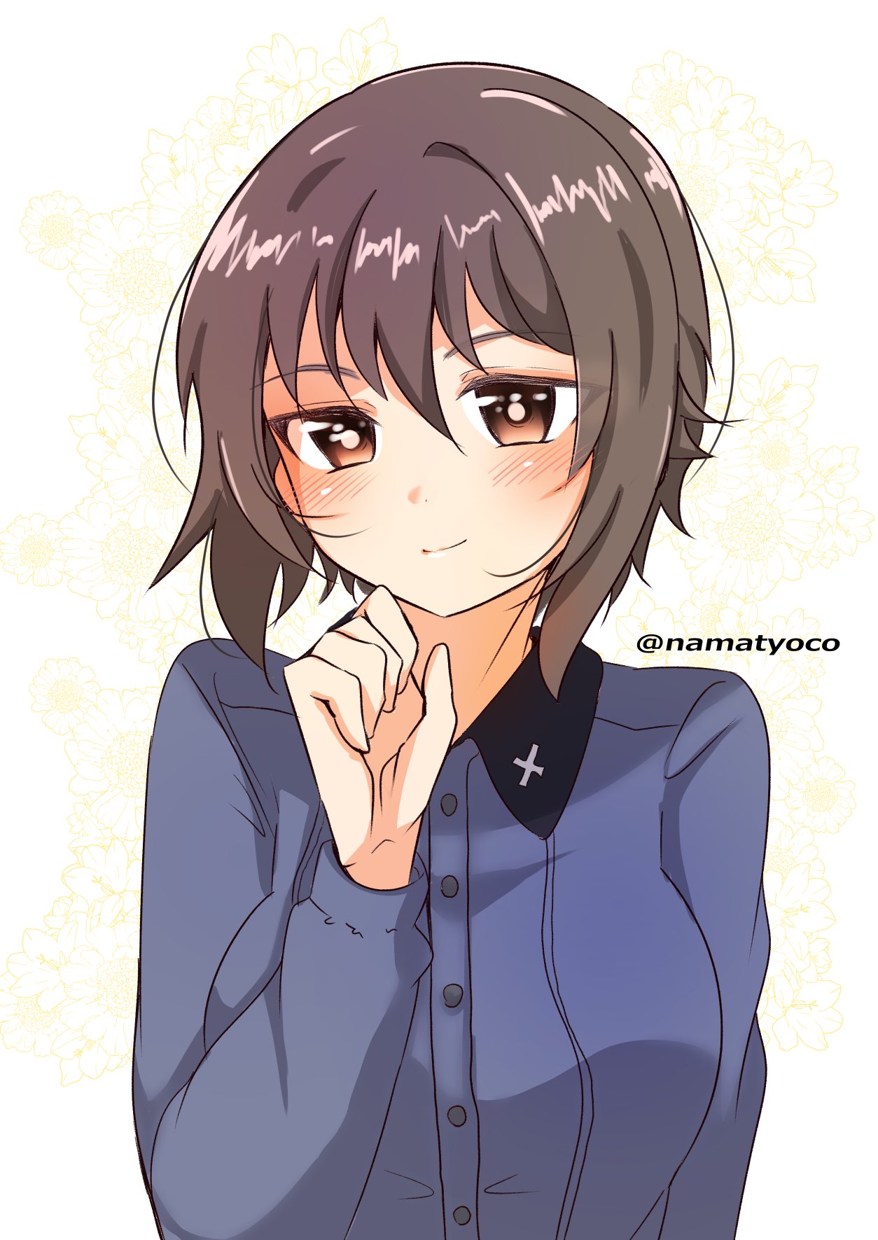 1girl bangs brown_eyes brown_hair closed_mouth commentary dress_shirt eyebrows_visible_through_hair floral_background girls_und_panzer grey_shirt hand_on_own_chin highres insignia kuromorimine_school_uniform light_blush long_sleeves looking_at_viewer namatyoco nishizumi_maho school_uniform shirt short_hair smile solo twitter_username upper_body wing_collar yellow_background